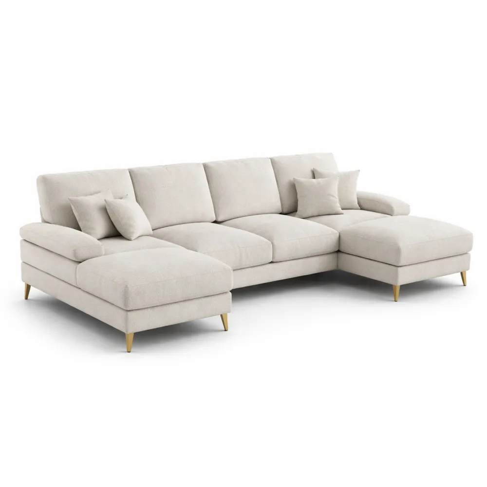 Divano angolare moderno a forma di U con sedili reclinabili in ciniglia, 4 posti, adatto per soggiorno o camera da letto, colore beige