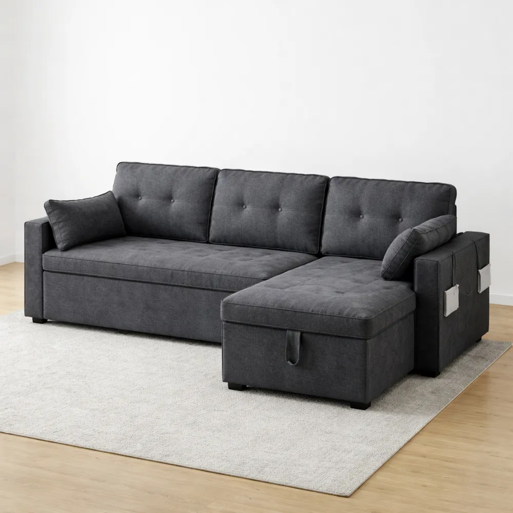 Divano letto angolare 3 posti con funzione riposo e vani portaoggetti, intercambiabile, in cotone lino grigio