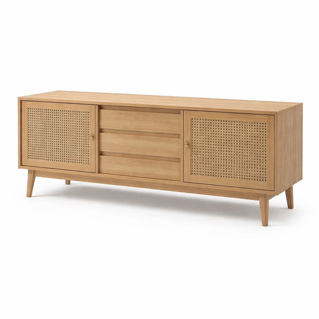TV Lowboard Holz Natur mit Rattan Tueren-wrivora