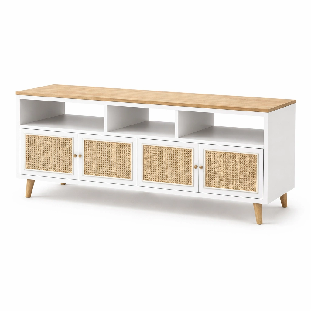 TV Lowboard Weiss Holz mit Rattan Front-wrivora