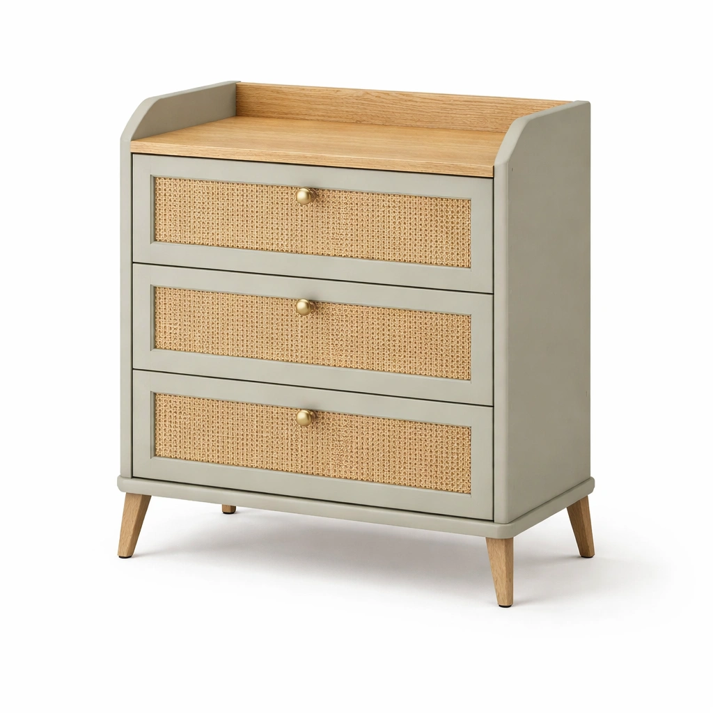 Kommode Gruen mit Rattan Front und Ablage-wrivora