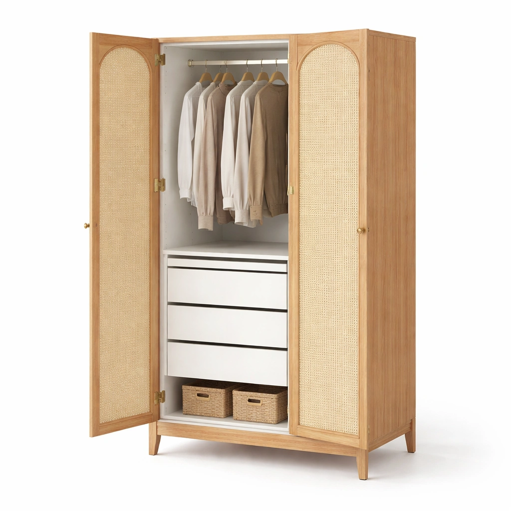Kleiderschrank mit Rattan Front Natur Holz-wrivora