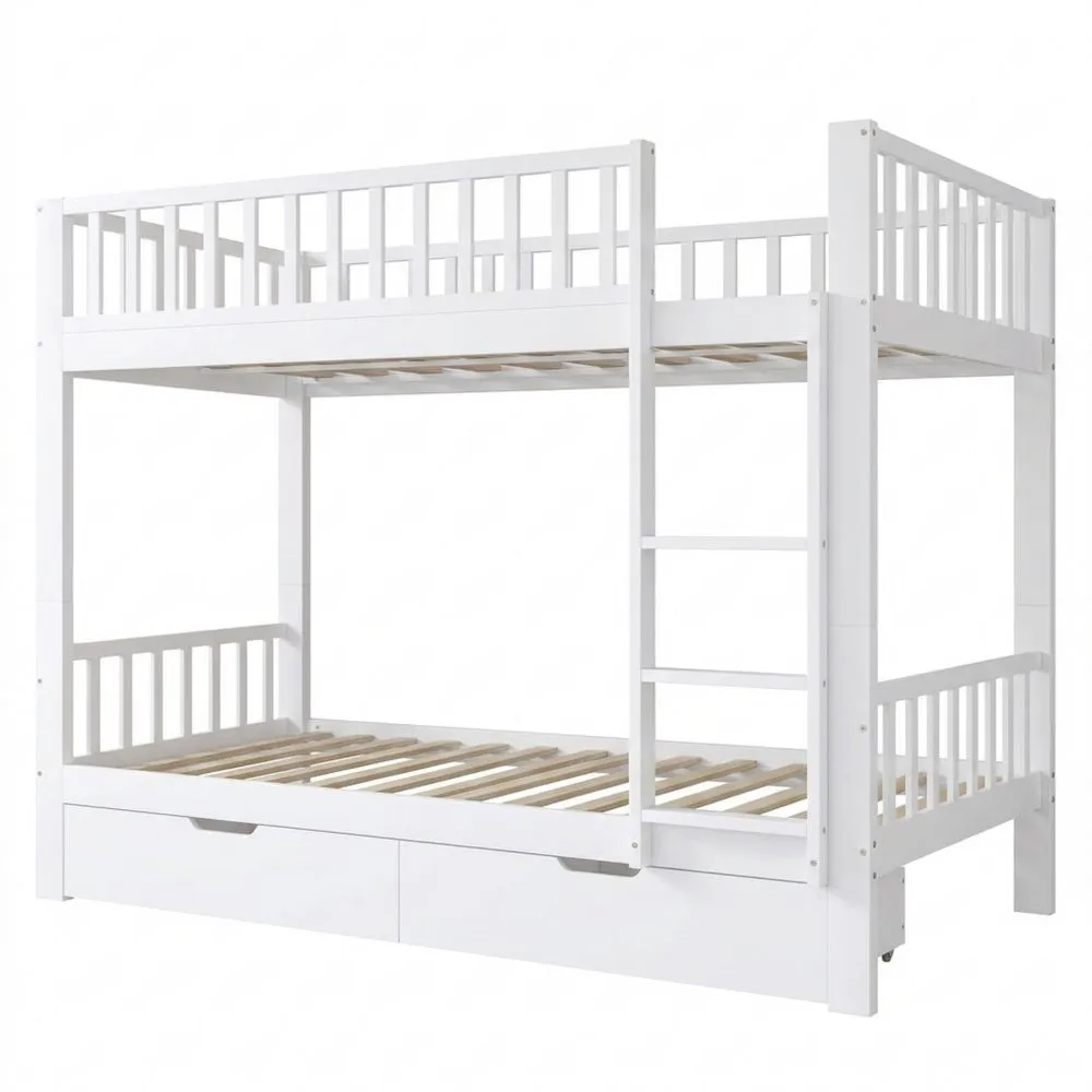 Hochbett 90x200 mit Leiter und Schubladen, Kinder Etagenbett mit Fallschutz und Regalen, Kiefernholzrahmen, Weiß