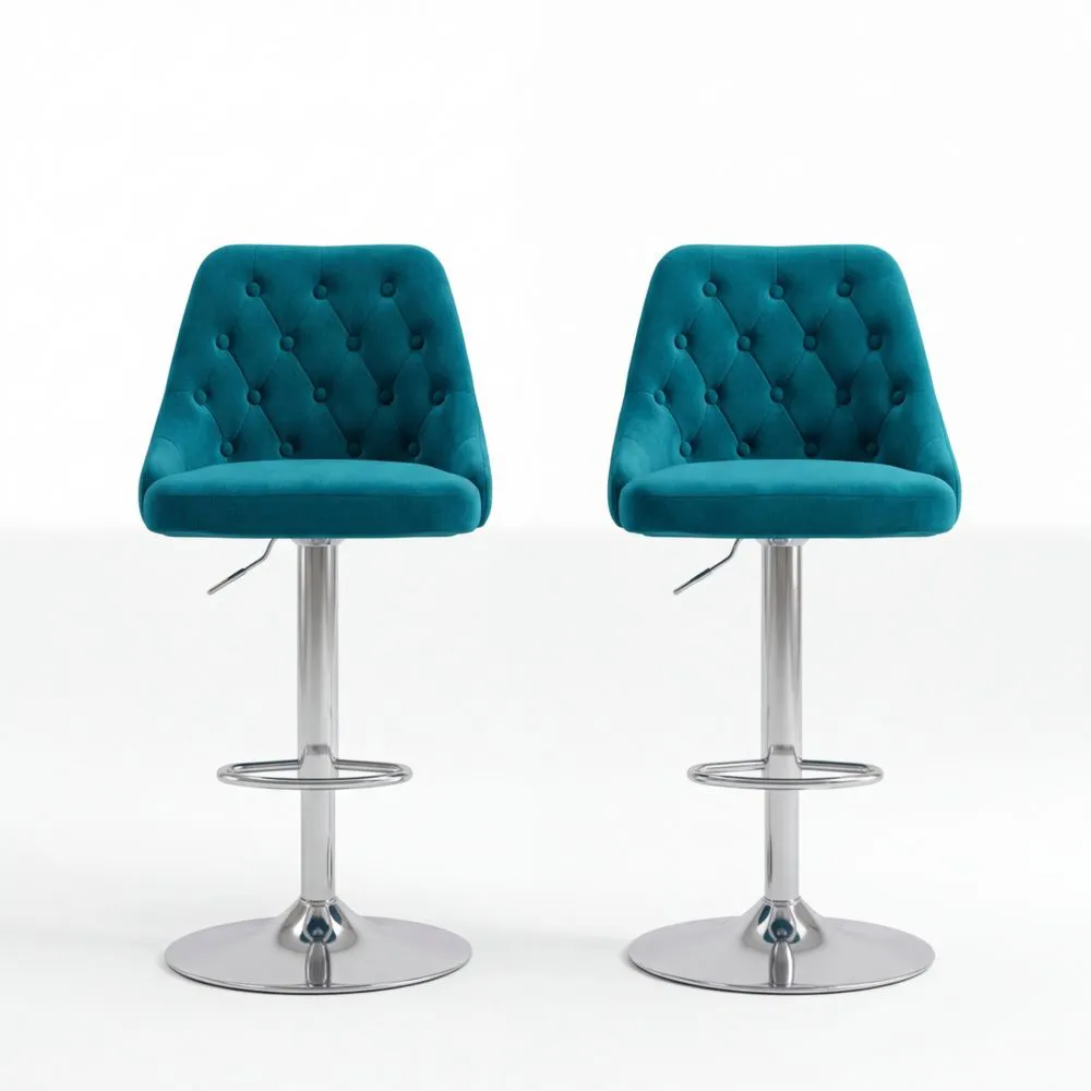 Höhenverstellbarer Samt-Barhocker mit Fußstütze, drehbar für Kücheninsel oder Hausbar, 2er-Set in Blau