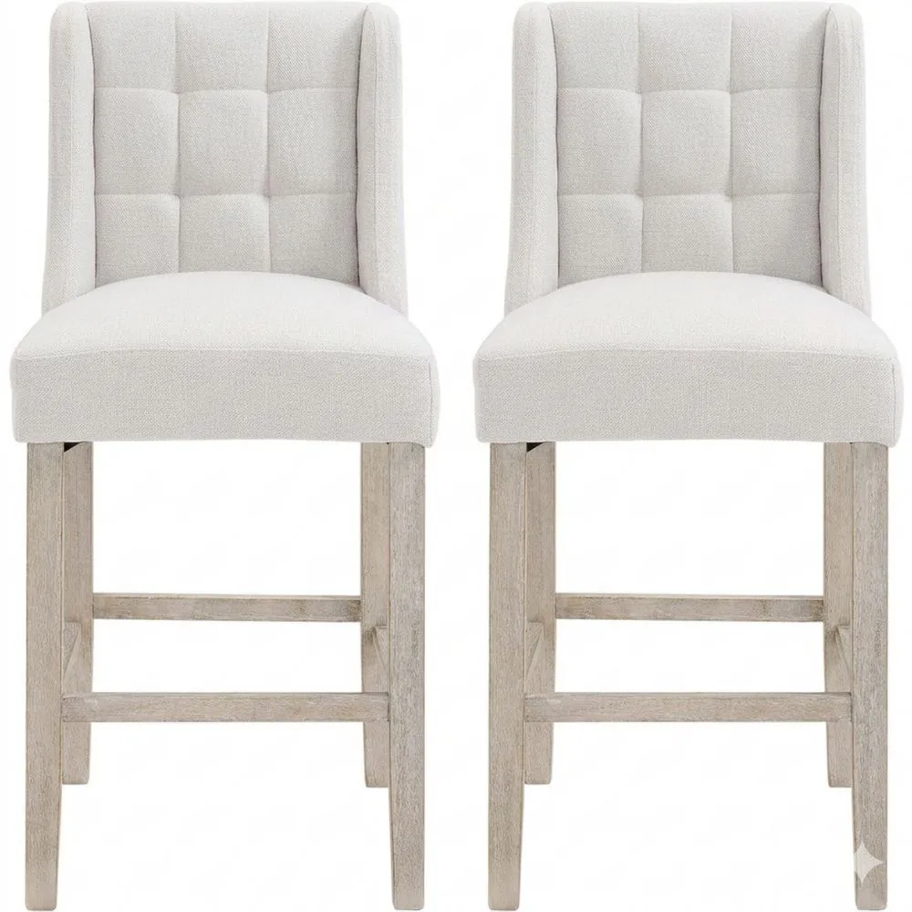 Moderner Barhocker mit Rückenlehne für Küche, Leinen-Bezug, Gummiholz, Beige