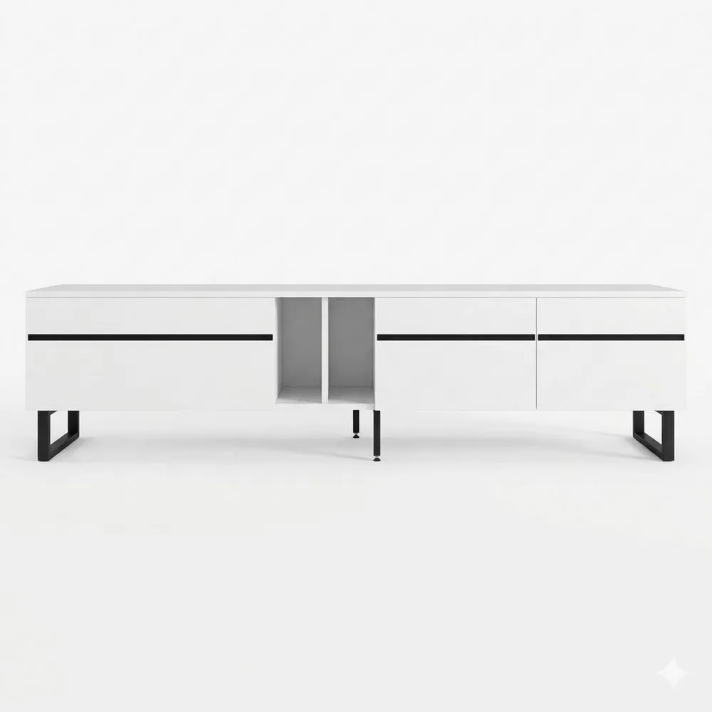 Fernsehtisch mit Stauraum und offenen Fächern, passend für TV bis 75 Zoll, Weiß