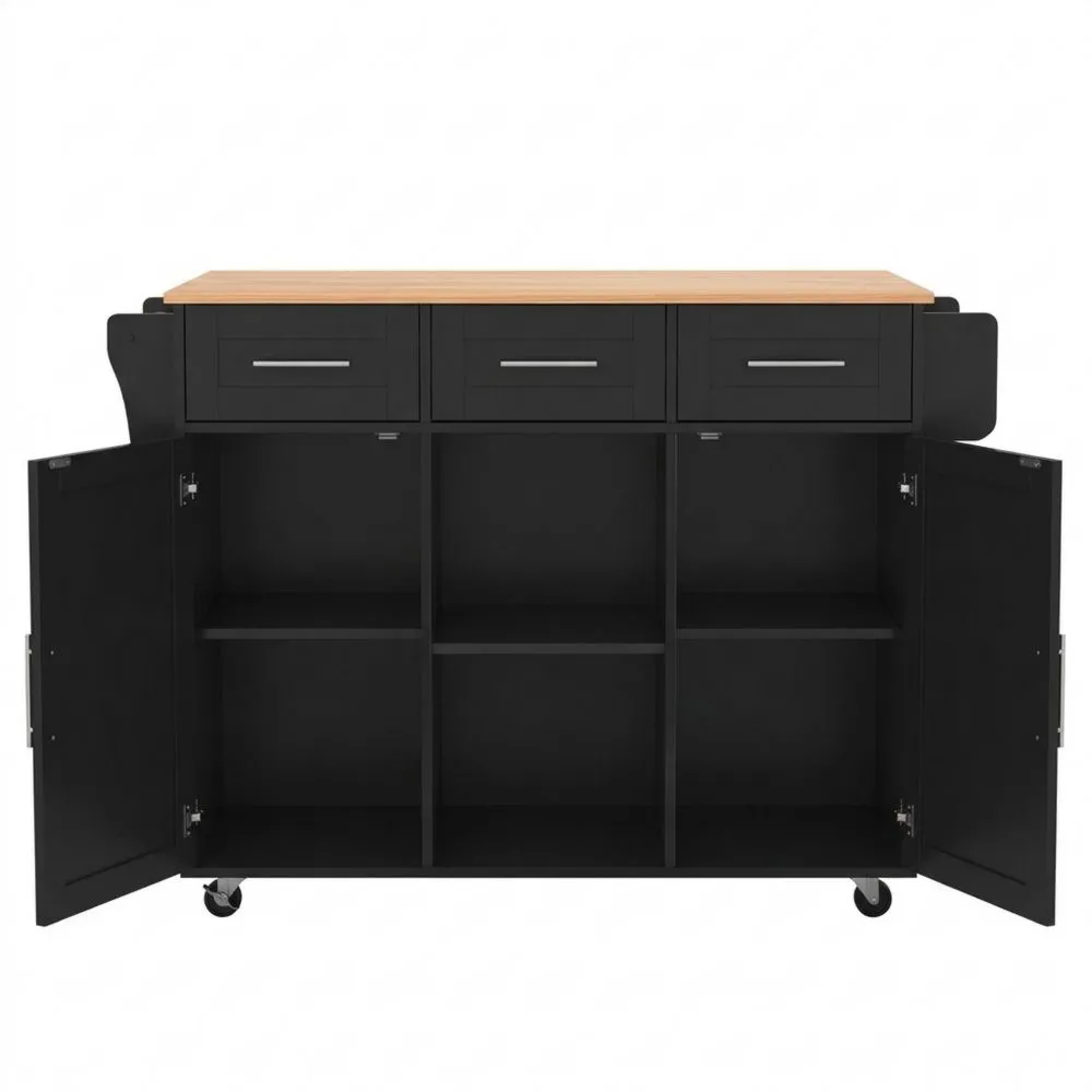 Praktischer Küchenwagen mit erweiterbarer Arbeitsplatte und Schubladen, Schwarz und Natur, 139x46(71)x91,5 cm