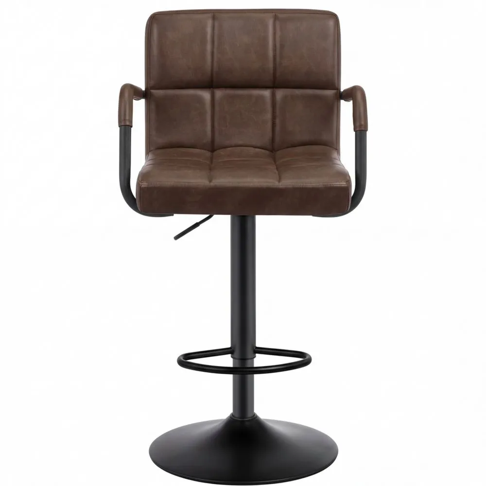 Höhenverstellbarer Drehbarer Barhocker mit Rückenlehne aus Kunstleder, Antiklederoptik, Stahl Dunkelbraun