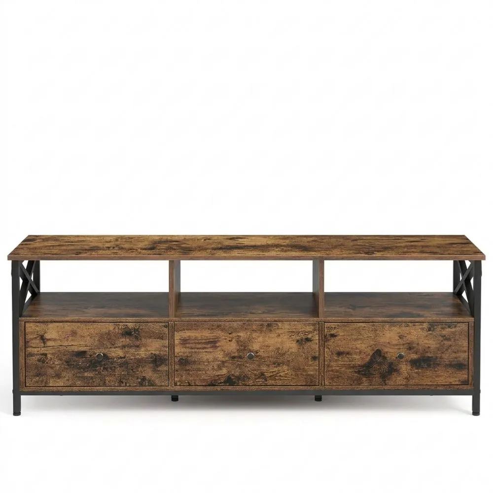 Fernsehtisch mit 3 Schubladen und offenen Fächern, für Fernseher bis 65 Zoll, 147 cm lang