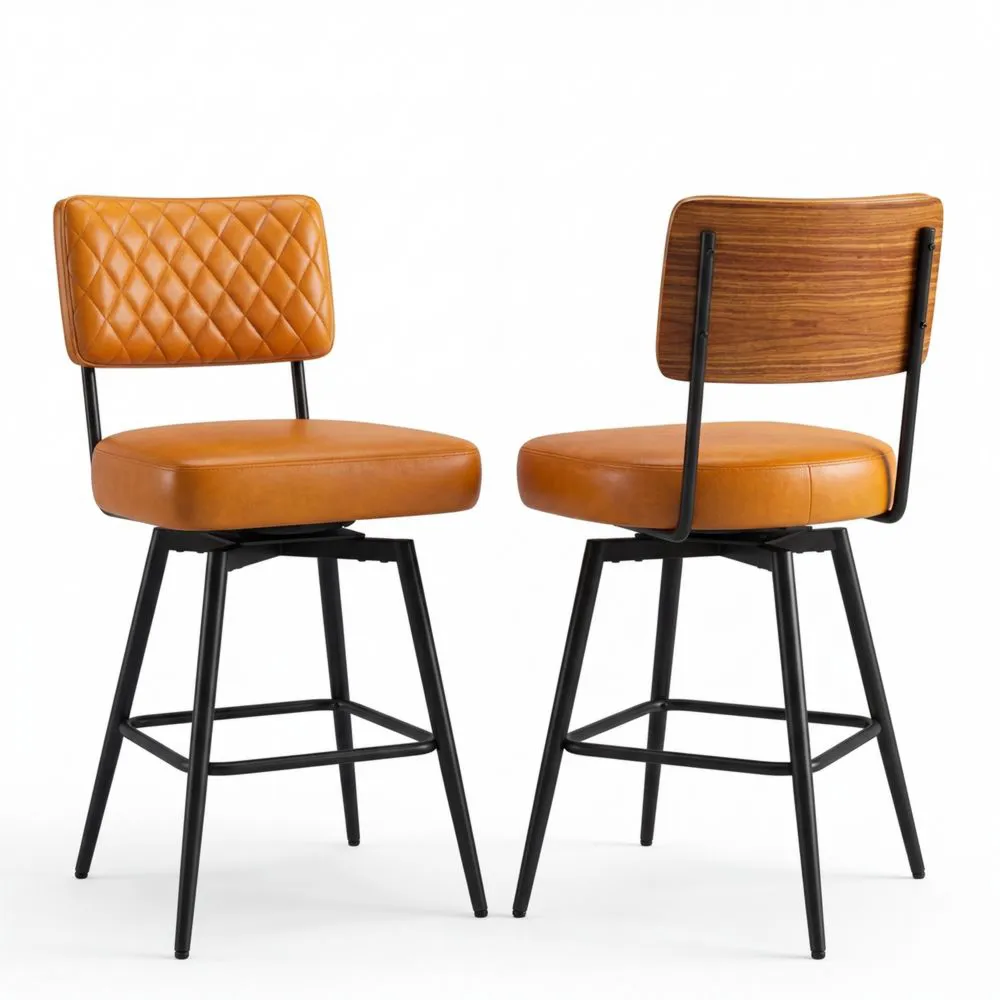 Drehbarer Barhocker 2er Set mit Lehne und Fußstütze, Mid-Century-Stil, Dick gepolstertes Sitzkissen, Karamellbraun