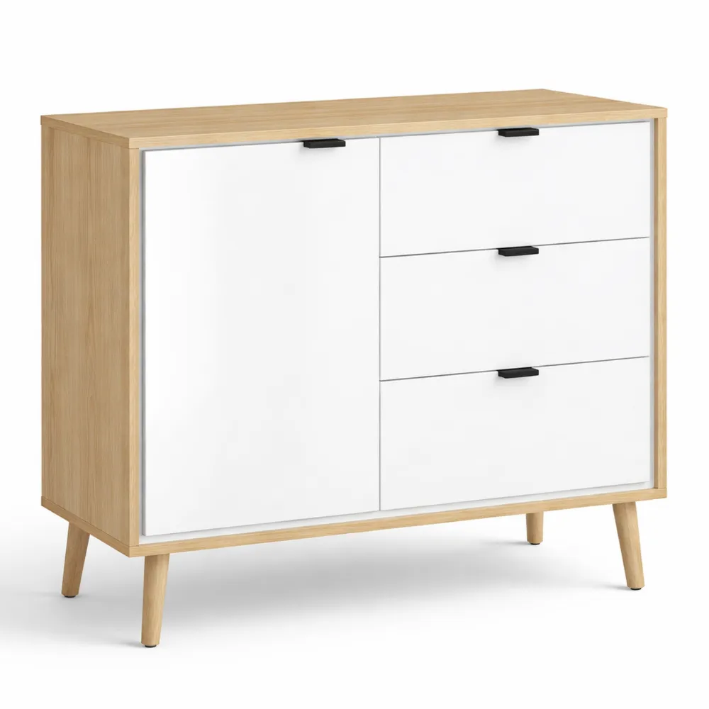 Credenza moderna con cassetti e armadietto, ripiano regolabile, per cucina e soggiorno, bianco e rovere