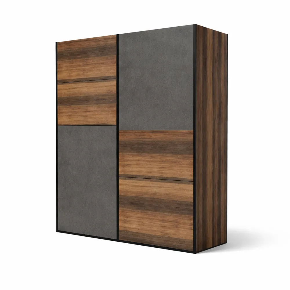 Armadio a Due Ante Scorrevoli Stile Industriale, Effetto Legno e Cemento, 170x190.5x61 cm