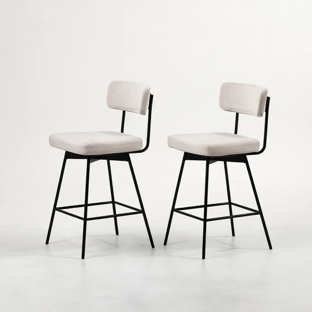 Set di 2 sgabelli da bar girevoli con rivestimento in lino e struttura in metallo