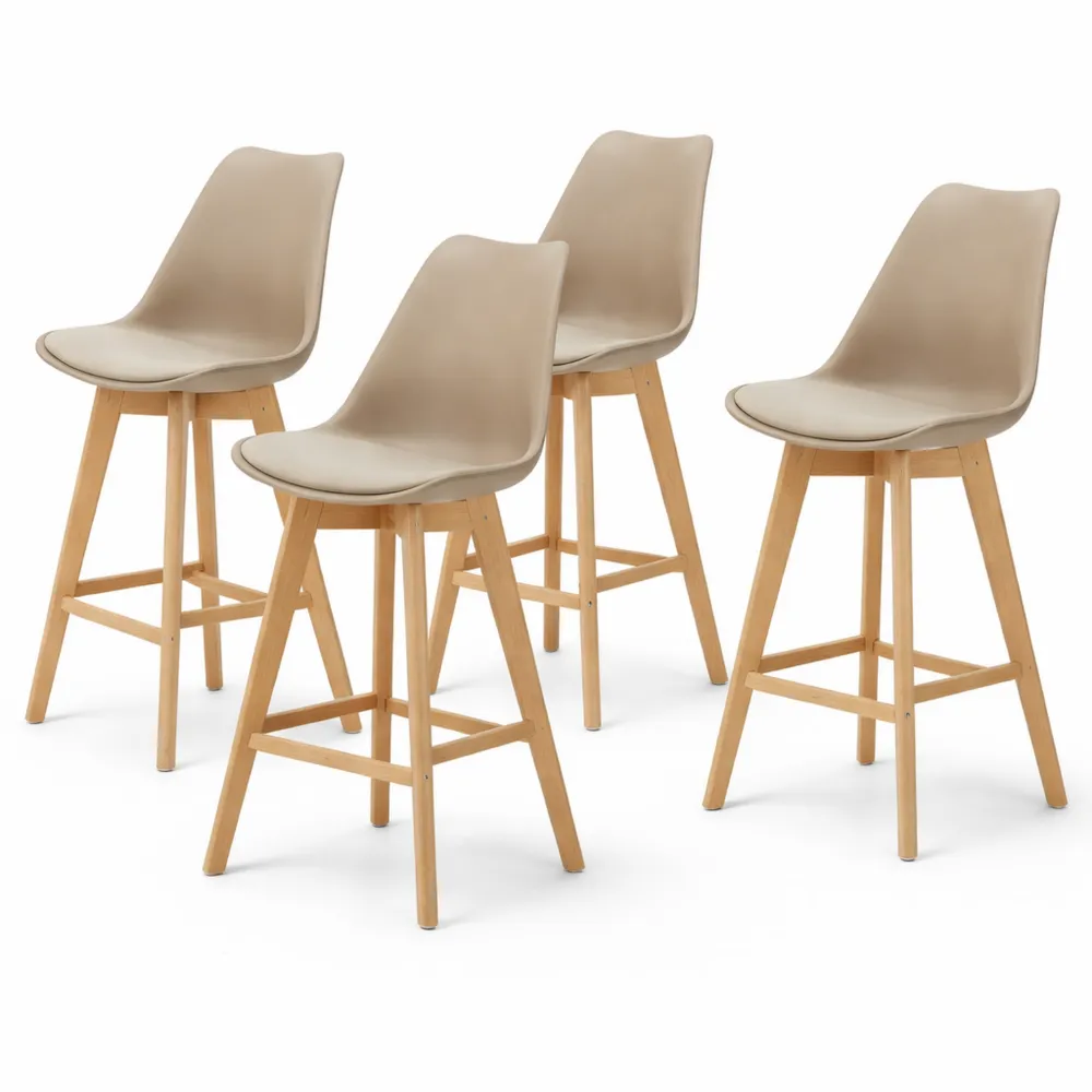 Set di 4 sgabelli alti con gambe di faggio e seduta imbottita - Beige
