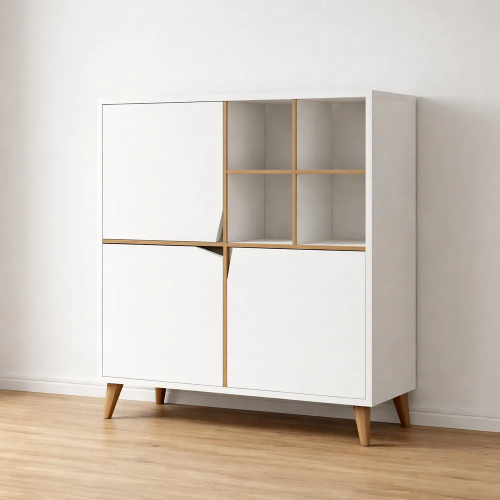 Credenza Moderna, Buffet Multiuso, Mobile da Salotto Bianco e Noce