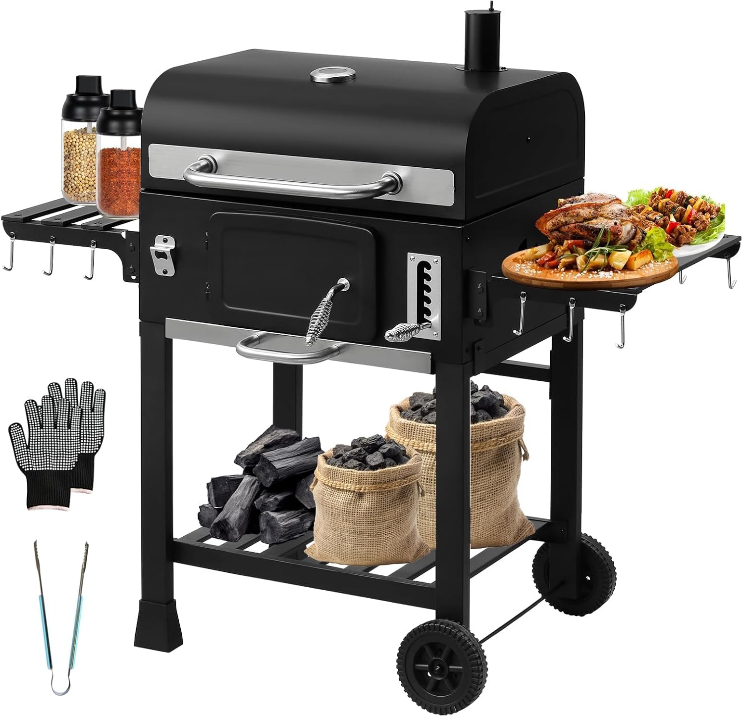 Barbecue Charbon TEENO XXL Noir avec Couvercle - Grand Grill Extérieur Acier Inoxydable Fumoir Thermomètre Gants Cheminée et Ouvre Bouteille-Matiiloft