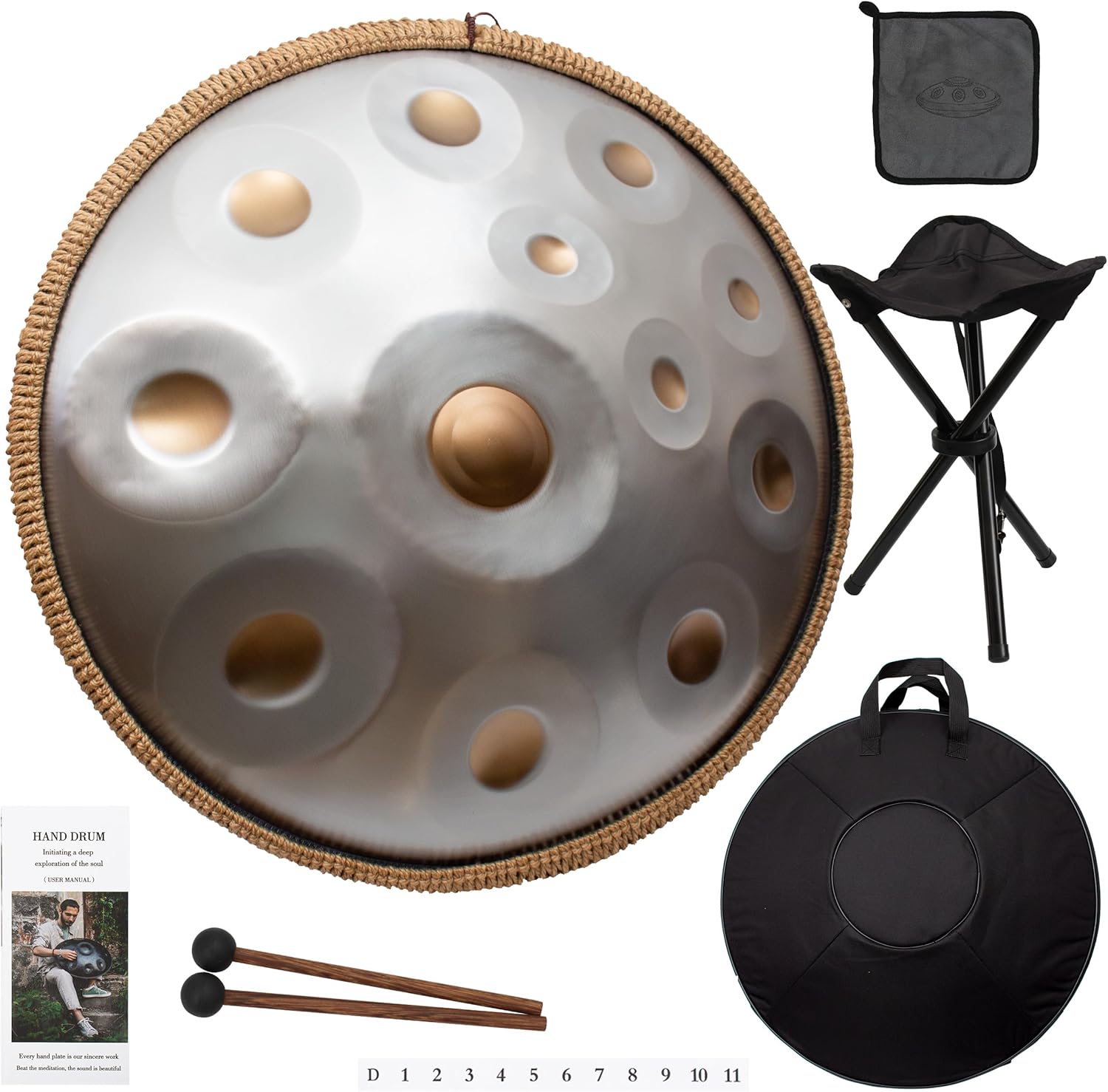 LOMUTY Handpan Drum 22 Pouces - 12 Notes - Acier Alliée Argent - Sac Souple - Instrument Yoga et Méditation-Matiiloft