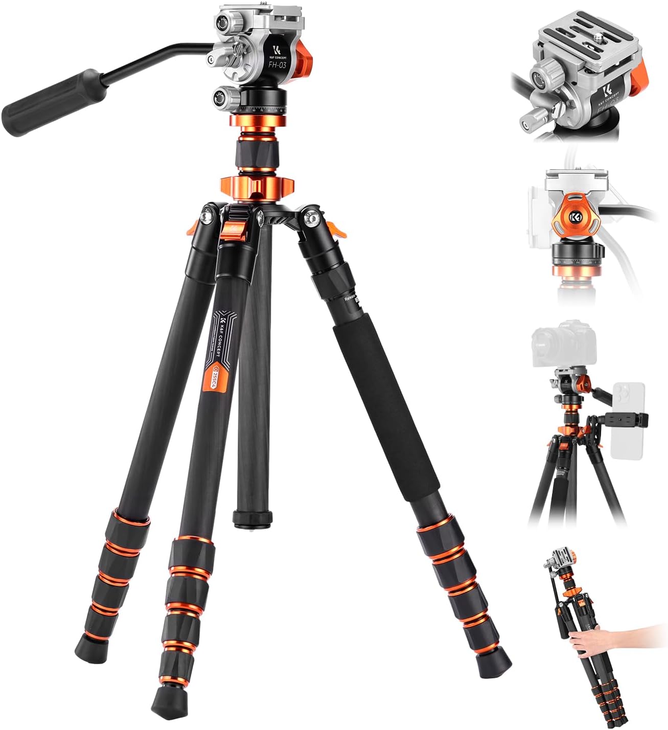 K et F Concept O255C4 FH 03 - Trépied vidéo carbone 173 cm - Tête fluide et monopode 182 cm pour reflex DSLR-Matiiloft