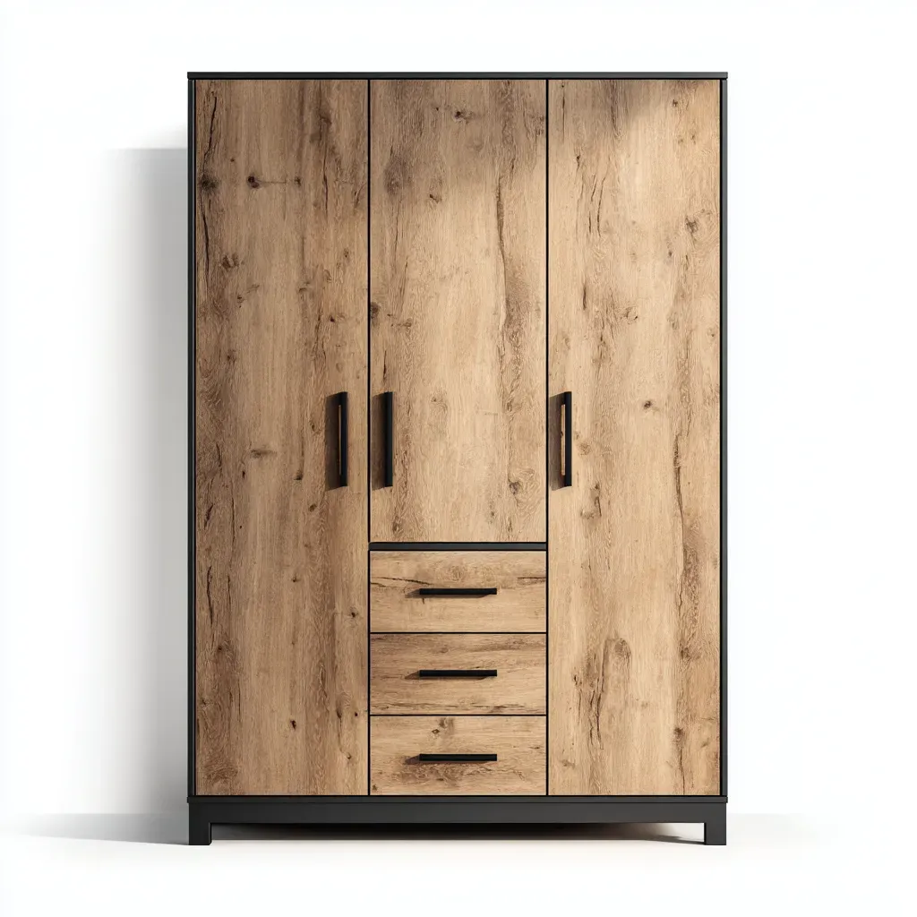 Armoire 3 portes - MDF-Bois - 142x59x196 cm - Chêne naturel-Noir - Style industriel-Matiiloft
