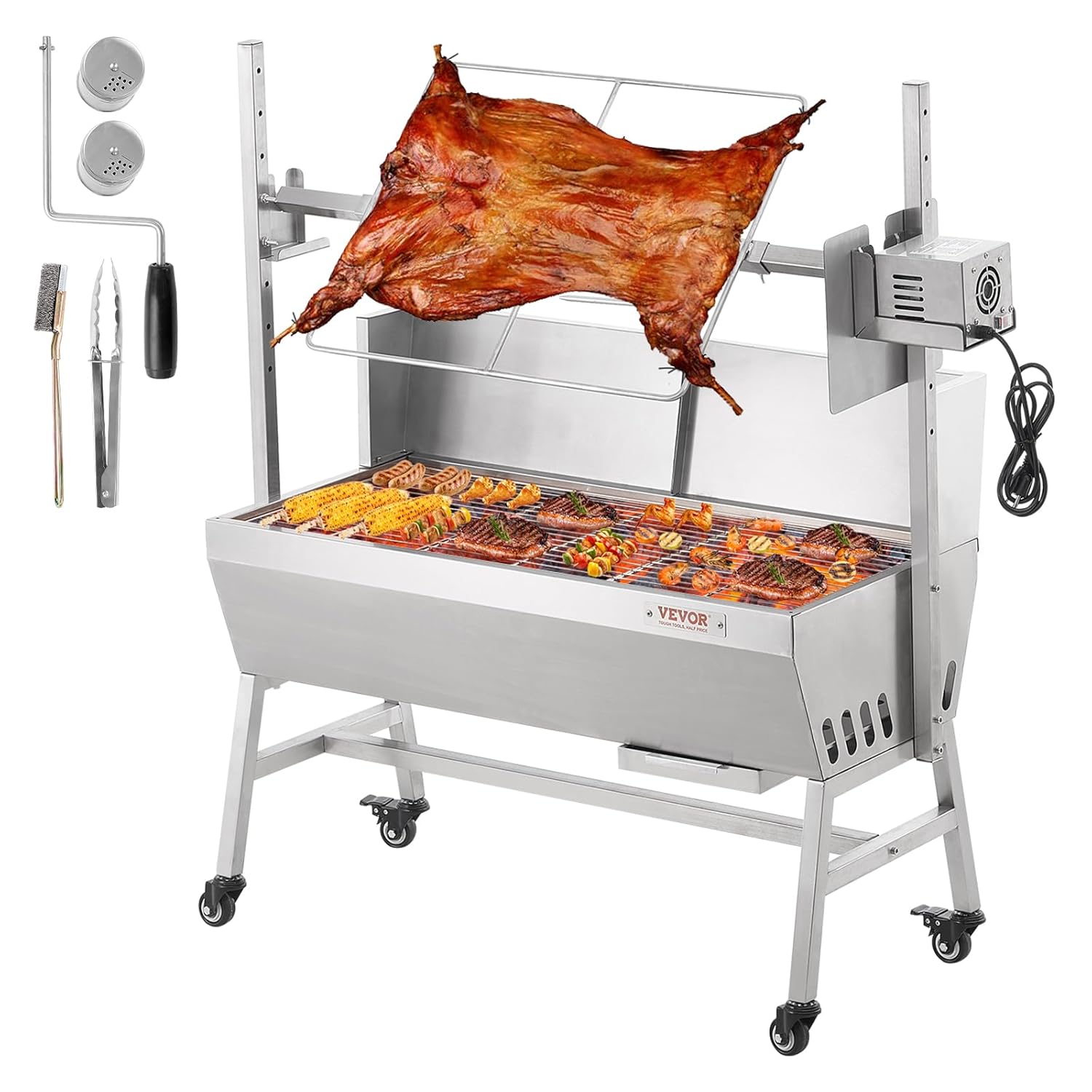 Barbecue à Charbon VEVOR avec Tournebroche Électrique 42 W - Rôtissoire Inox 94,4 cm Roues Verrouillables pour Agneau Poulet-Matiiloft