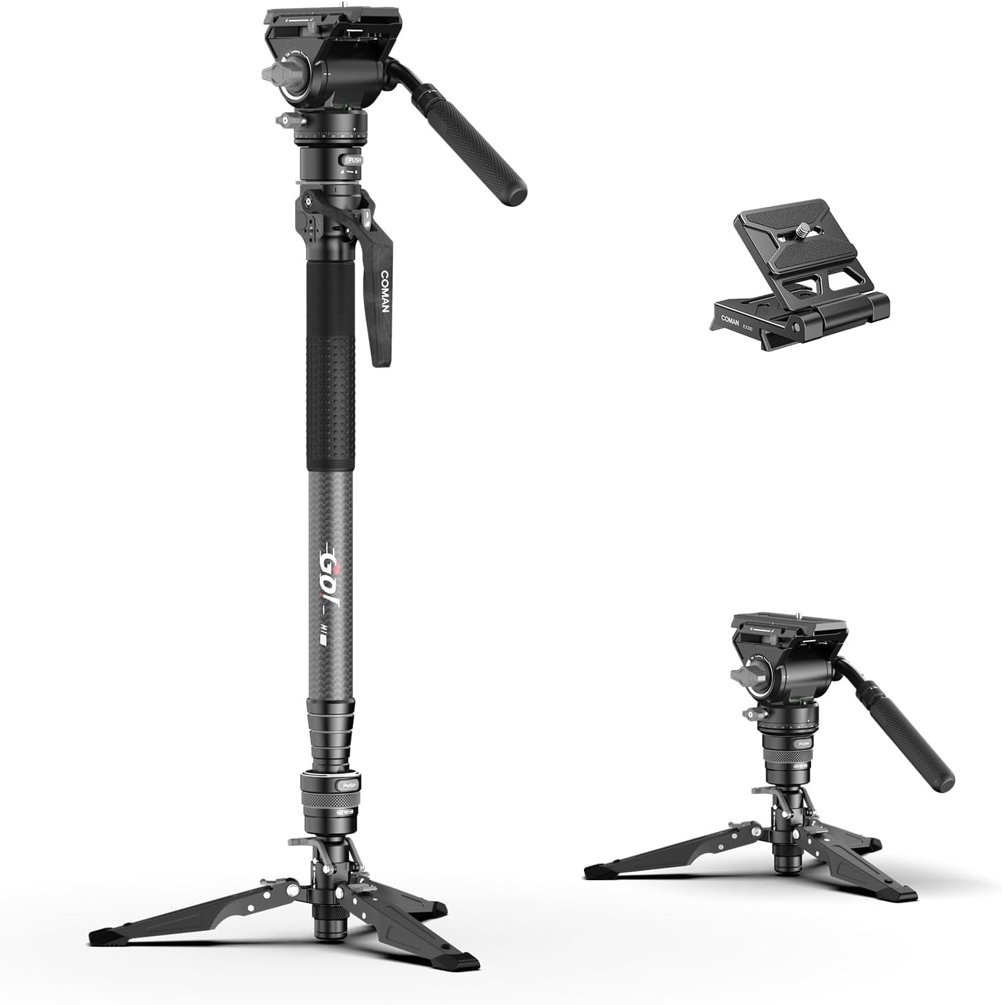 Monopode COMAN M1ProV5 Fibre de Carbone 175 cm - Support Léger avec Pieds Levage en Un Clic et Plateau Rapide Charge 10 kg-Matiiloft