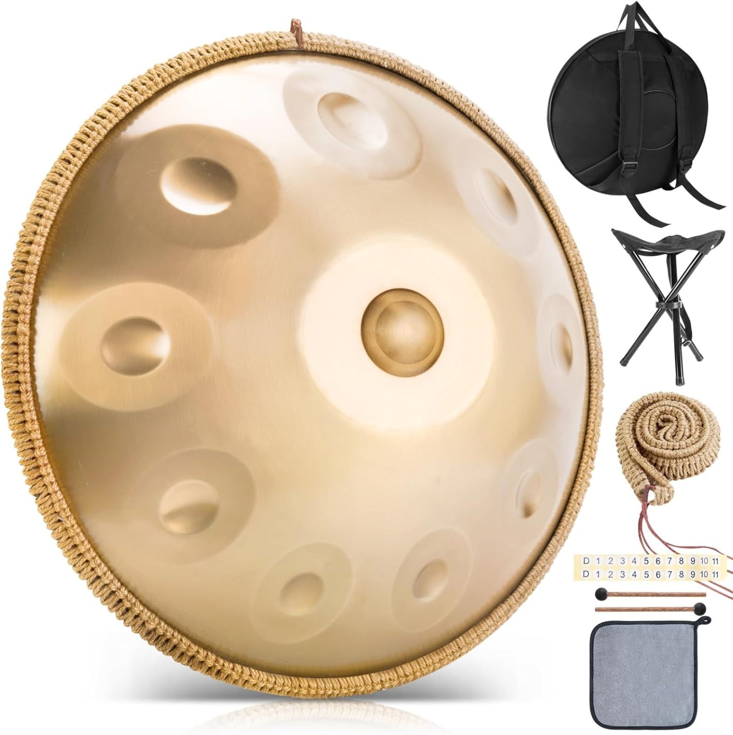 BIILOYY Handpan 440 Hz - Tambour à Main Ré Mineur 10 Tons - Acier Alliée Or - Sac Maillets et Support-Matiiloft
