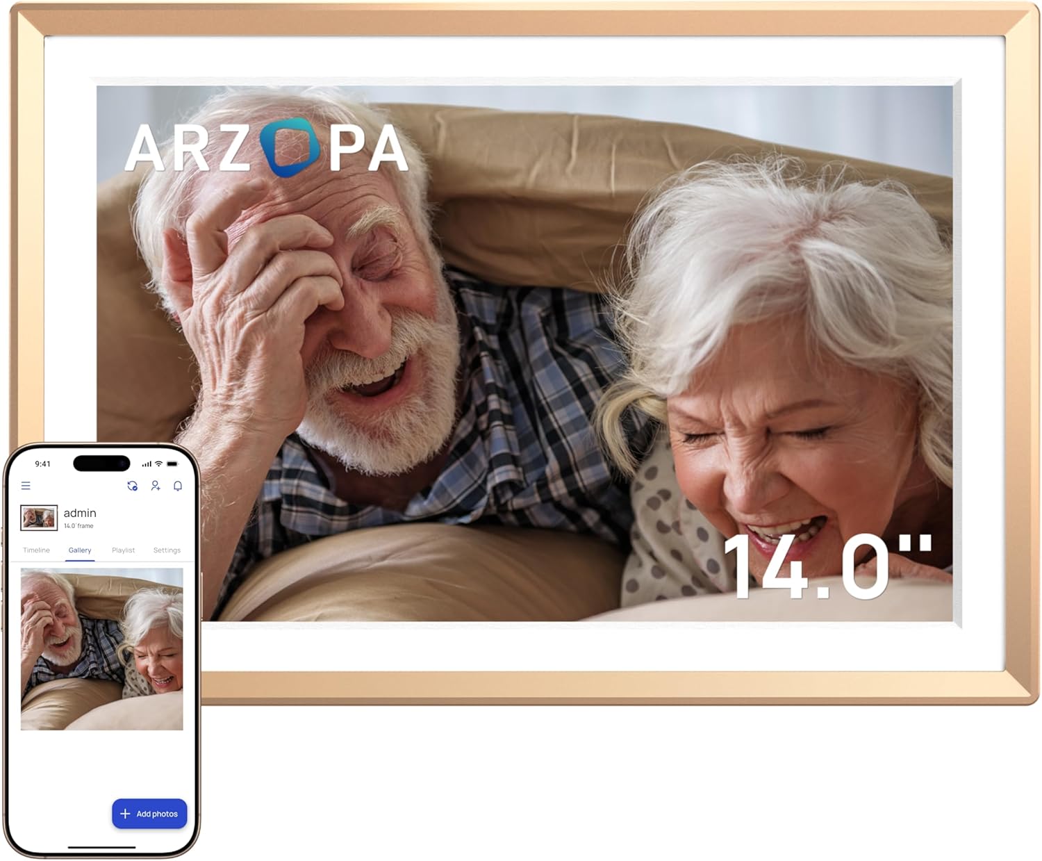 ARZOPA cadre photo numérique WiFi 14 pouces - écran tactile FHD 1920 par 1200 - cadre métal or-Matiiloft