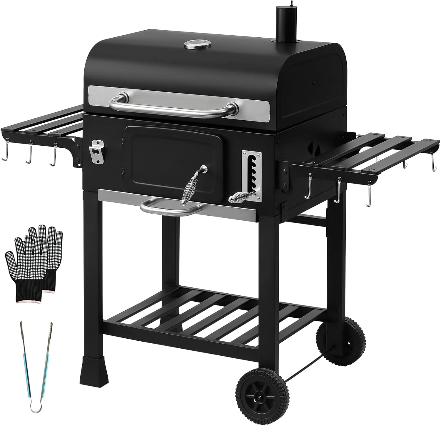 Barbecue Charbon TEENO XXL avec Couvercle - Chariot de Cuisson Acier Carbone Fumoir Thermomètre Gants Cheminée et Ouvre Bouteille-Matiiloft