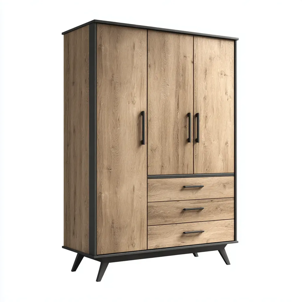 Armoire 3 portes - MDF-Bois - 140x60x195 cm - Chêne naturel-Noir - Style industriel-Matiiloft