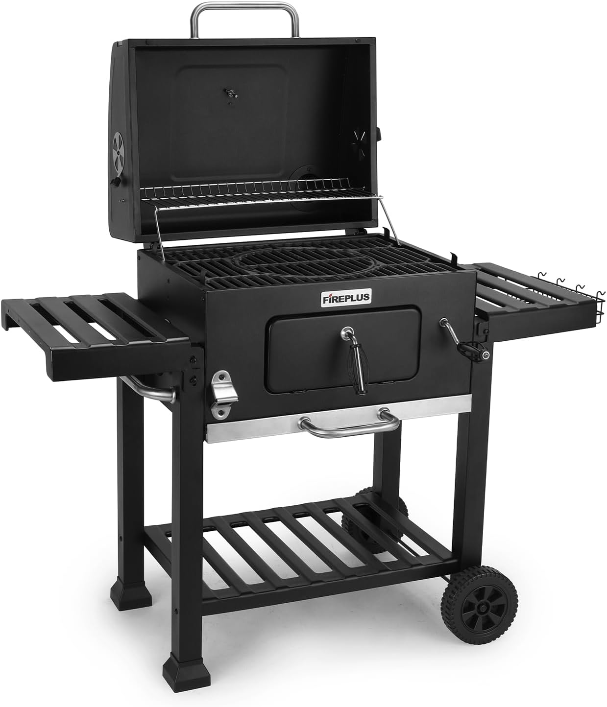 Barbecue Charbon ou Bois Amig Fireplus Noir - Grill Portable avec Roues Plateaux Latéraux Ventilation Cendrier et Grille Acier-Matiiloft