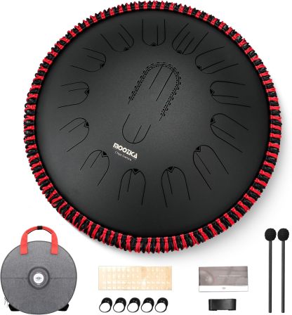 MOOZICA Tambour de Langue 15 Pouces - Acier Alliée Noir - 15 Notes Do Majeur 432 Hz - Instrument Mélodique-Matiiloft