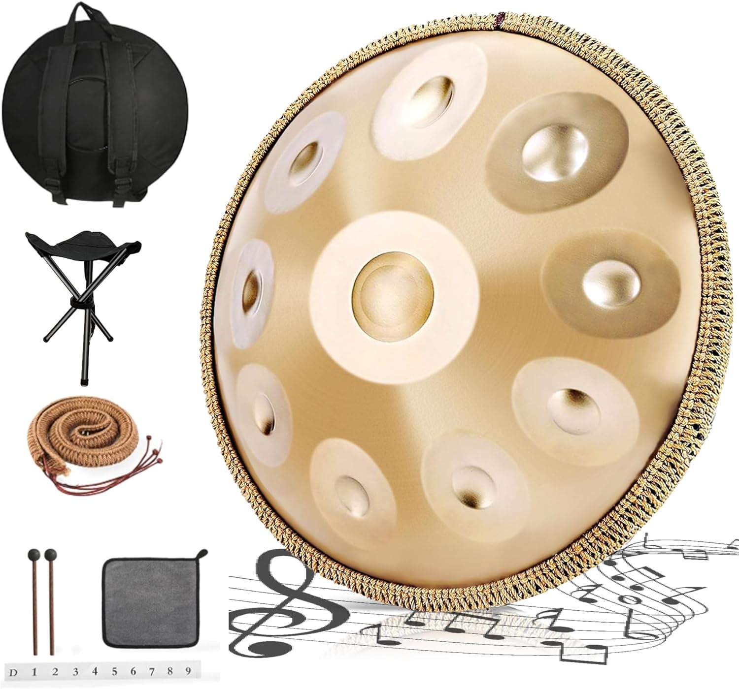 Handpan Drum 22 Pouces 440 Hz - 10 Tons - Tambour à Main Acier Inoxydable Or - Sac Maillets et Support-Matiiloft