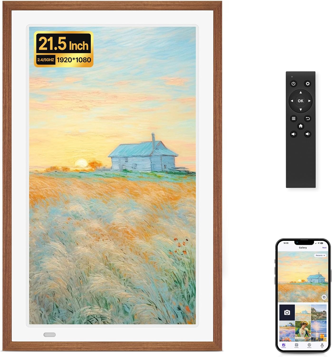Cadre photo numérique WiFi 21,5 pouces - écran IPS Full HD 1080p - 32 Go bois et blanc-Matiiloft