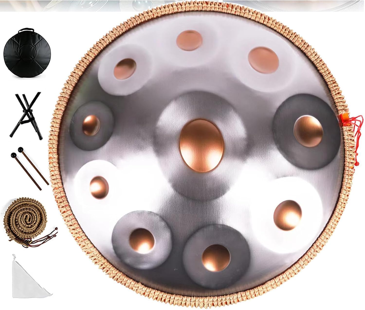 Handpan 22 Pouces - Tambour à Main Acier Inoxydable - 9 ou 10 Notes - Ré Majeur - Sac et Support Inclus-Matiiloft