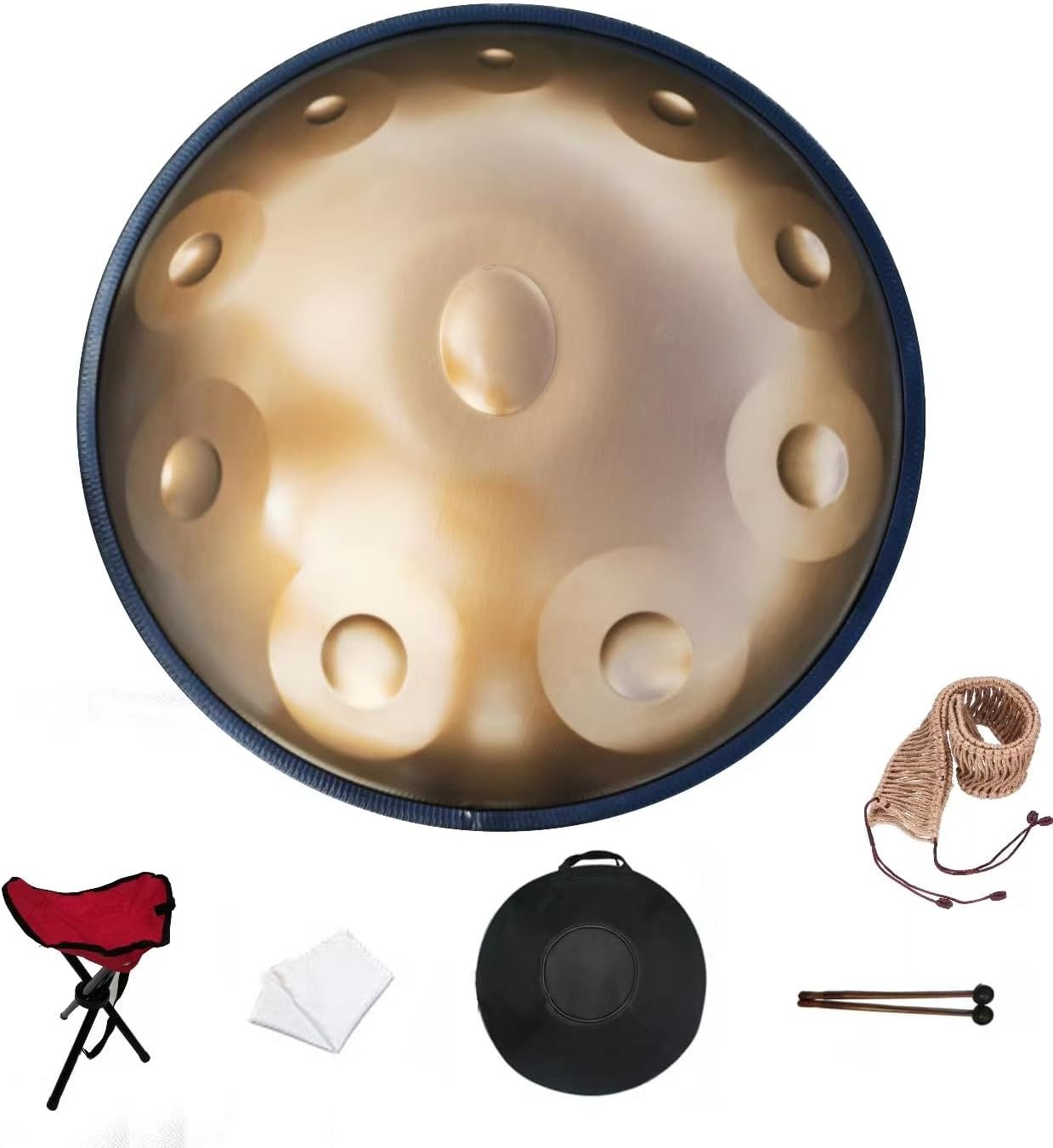 Elsebal Handpan Drum 22 Pouces - Ré Mineur 10 Notes 440 Hz - Acier Alliée Or - Sac Stand et Accessoires-Matiiloft