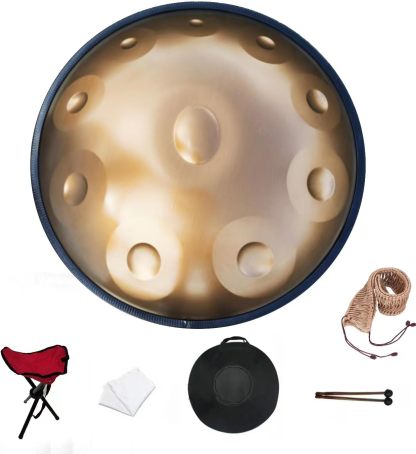 Elsebal Handpan Drum 22 Pouces - Ré Mineur 10 Notes 440 Hz - Acier Alliée Or - Sac Stand et Accessoires-Matiiloft