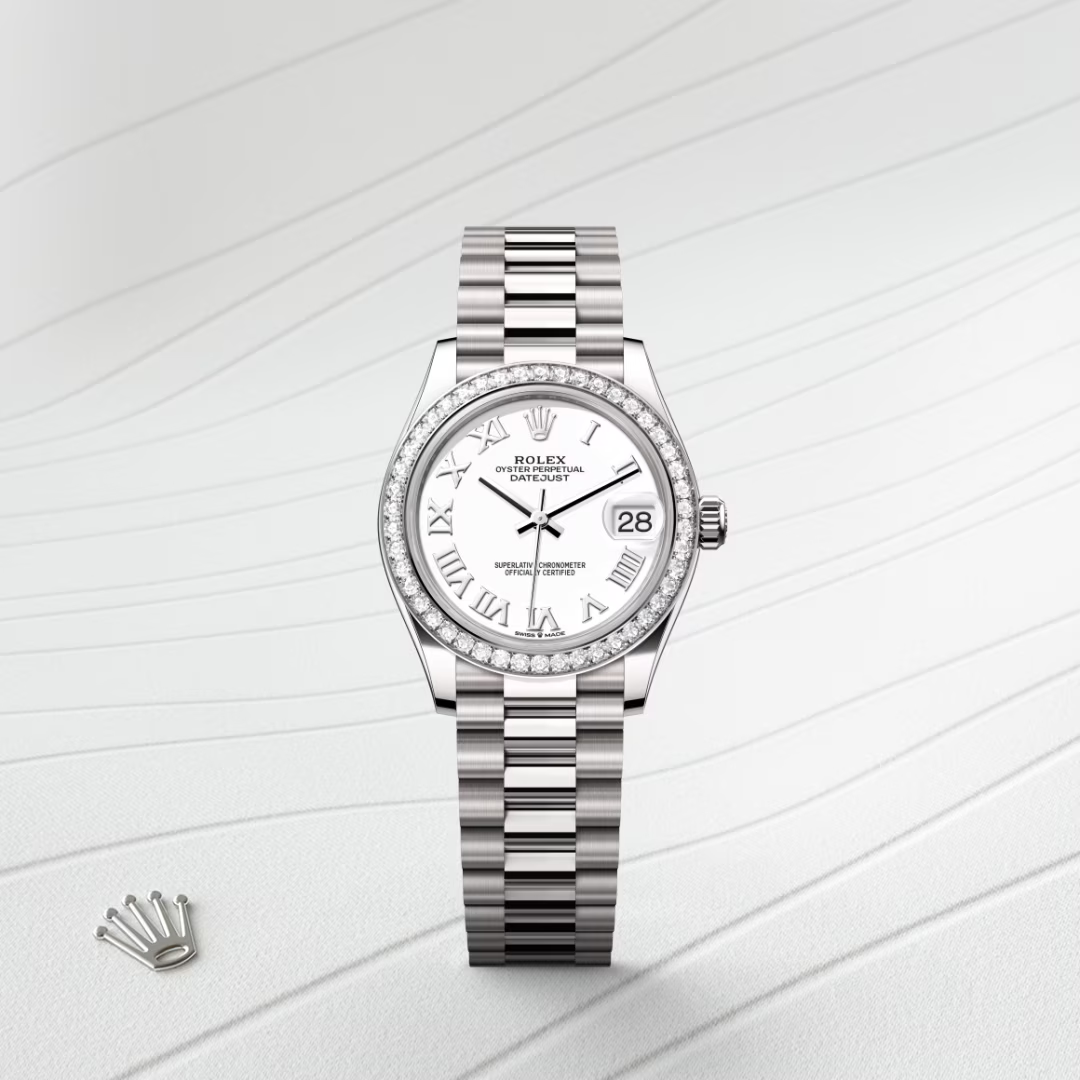 Rolex Datejust 31 Oyster, 31 mm, bílé zlato a diamanty