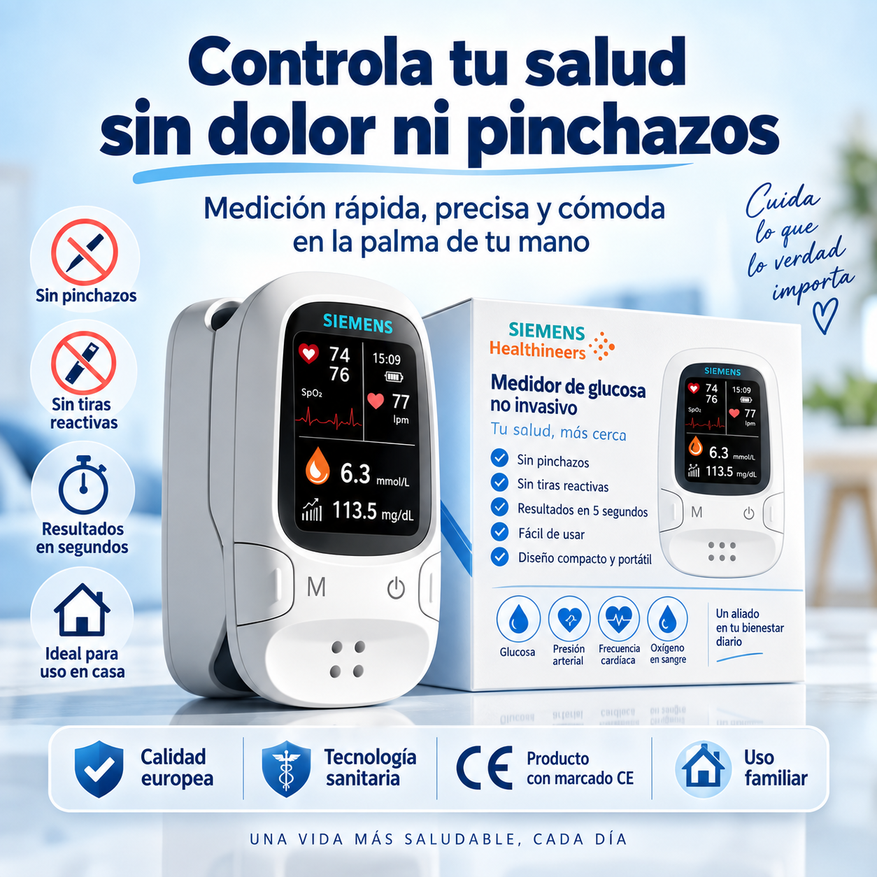 🩸 Medidor de glucosa sin pinchazos – Siemens | Control de glucosa sin dolor desde casa 📊