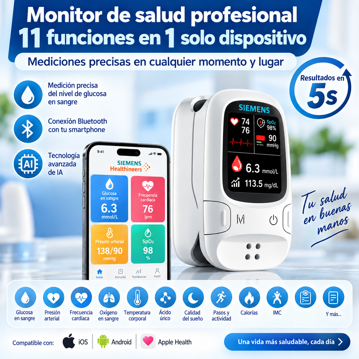 🩸 Medidor de glucosa sin pinchazos – Siemens | Control de glucosa sin dolor desde casa 📊