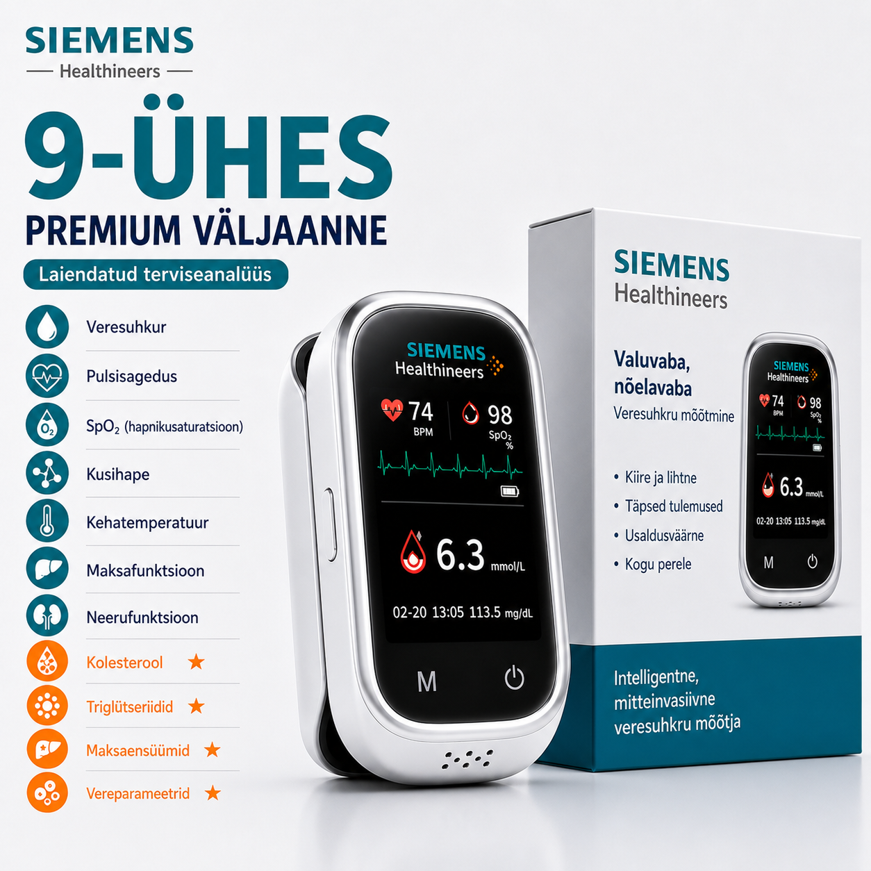 🩸 Siemens™ 11-ühes valutu veresuhkrumõõtja Ei vaja sõrme torkamist • Ei vaja testribasid • Tulemus vaid 5 sekundiga