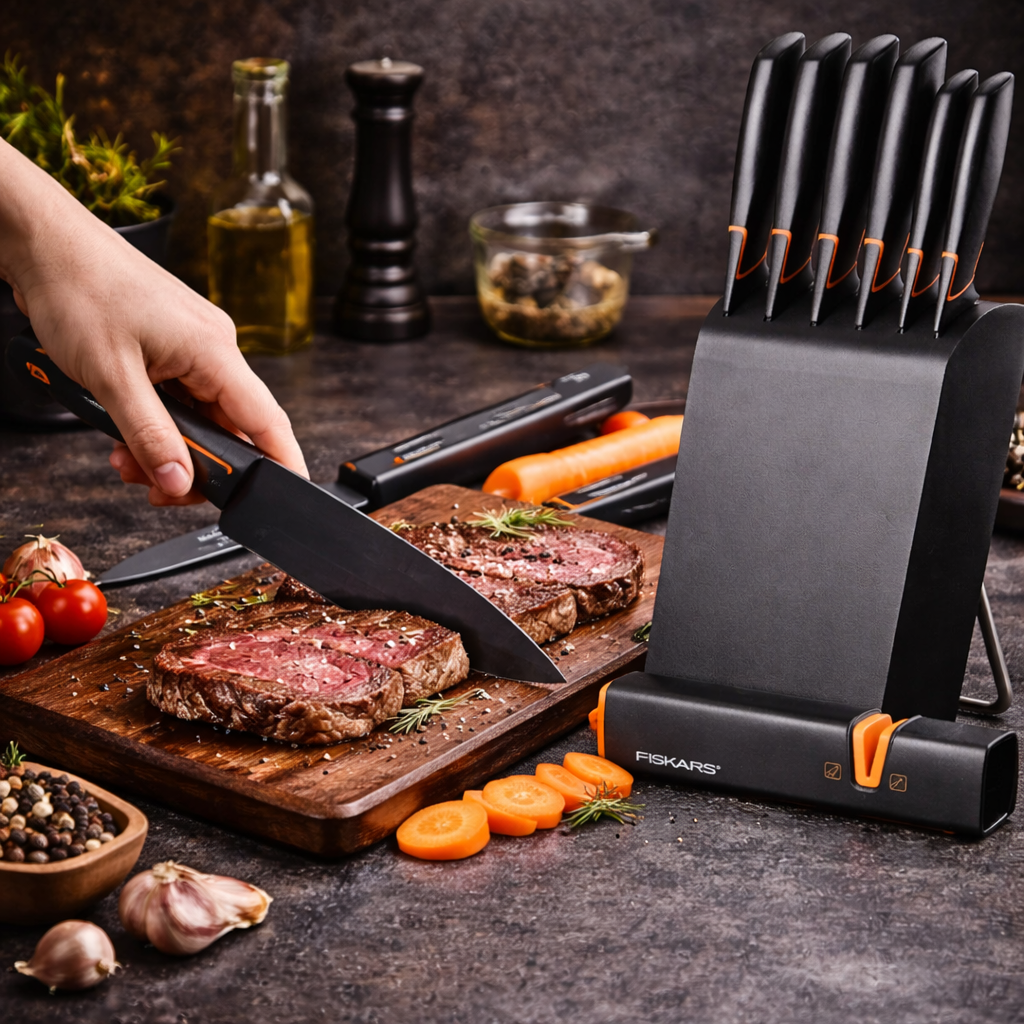 Edycja limitowana: Zestaw 5 noży FISKARS® w bloku FISKARS EDGE + zestaw ostrych noży kuchennych z ostrzałką