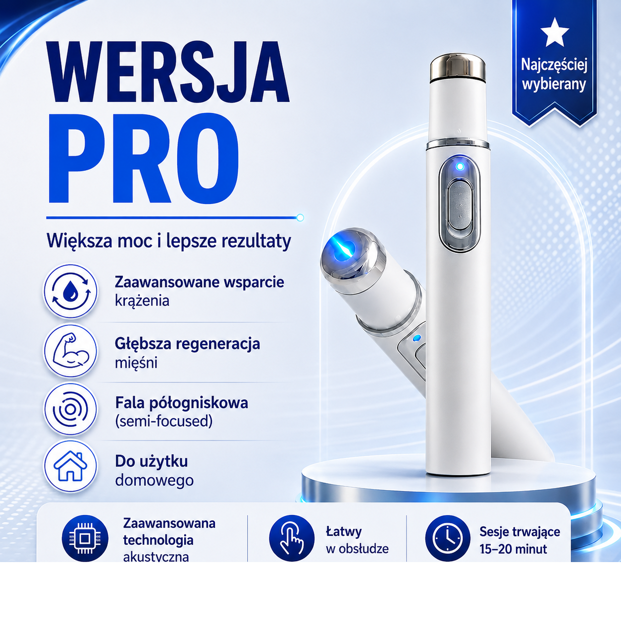 Zaawansowana terapia falą akustyczną wspiera zdrowie tkanek prącia, poprawia twardość erekcji, wytrzymałość oraz pewność siebie mężczyzn, jednocześnie pomagając łagodzić ból mięśni, sztywność stawów i dolegliwości ścięgien.