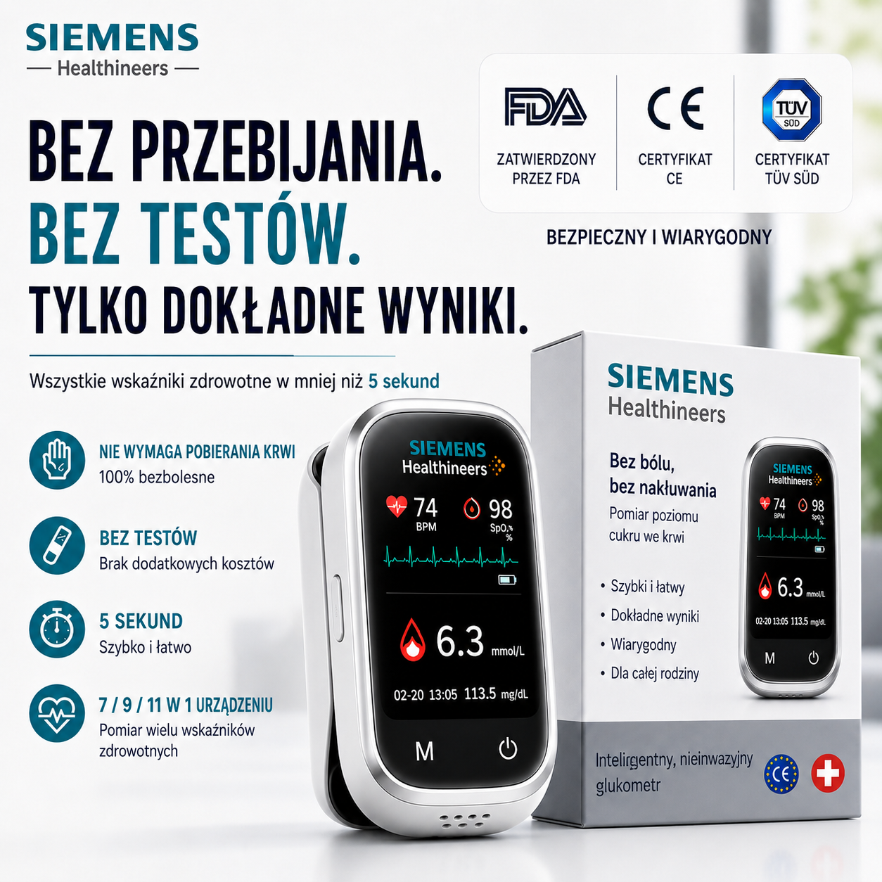 🩸 Siemens™ 11w1 bezinwazyjny glukometr Bez nakłuwania • Bez pasków testowych • Wynik już w 5 sekund
