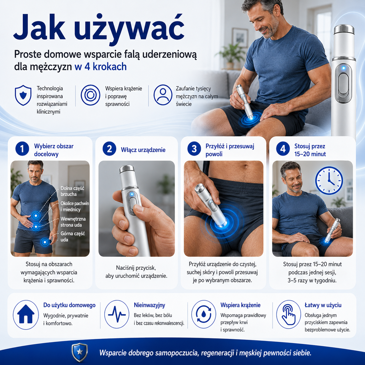 Zaawansowana terapia falą akustyczną wspiera zdrowie tkanek prącia, poprawia twardość erekcji, wytrzymałość oraz pewność siebie mężczyzn, jednocześnie pomagając łagodzić ból mięśni, sztywność stawów i dolegliwości ścięgien.