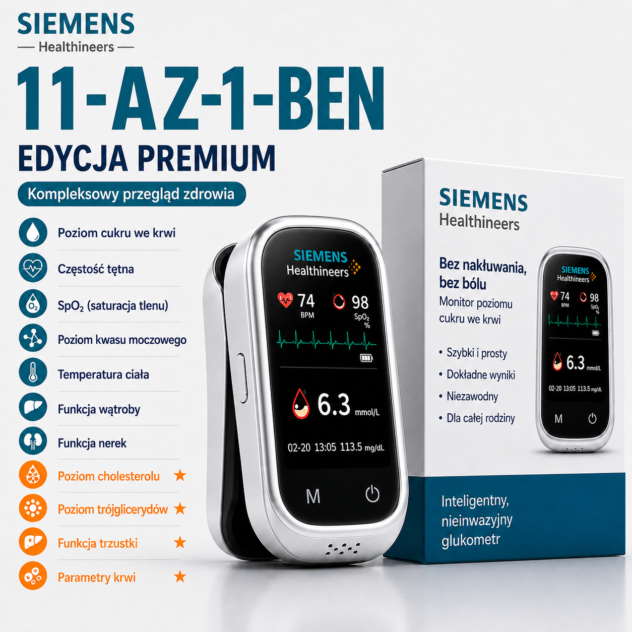 🩸 Siemens™ 11w1 bezinwazyjny glukometr Bez nakłuwania • Bez pasków testowych • Wynik już w 5 sekund