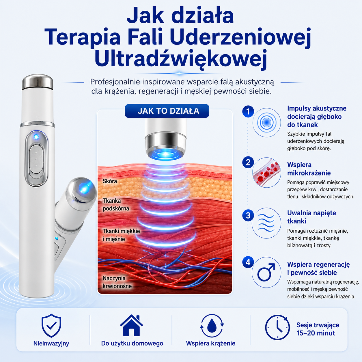 Zaawansowana terapia falą akustyczną wspiera zdrowie tkanek prącia, poprawia twardość erekcji, wytrzymałość oraz pewność siebie mężczyzn, jednocześnie pomagając łagodzić ból mięśni, sztywność stawów i dolegliwości ścięgien.