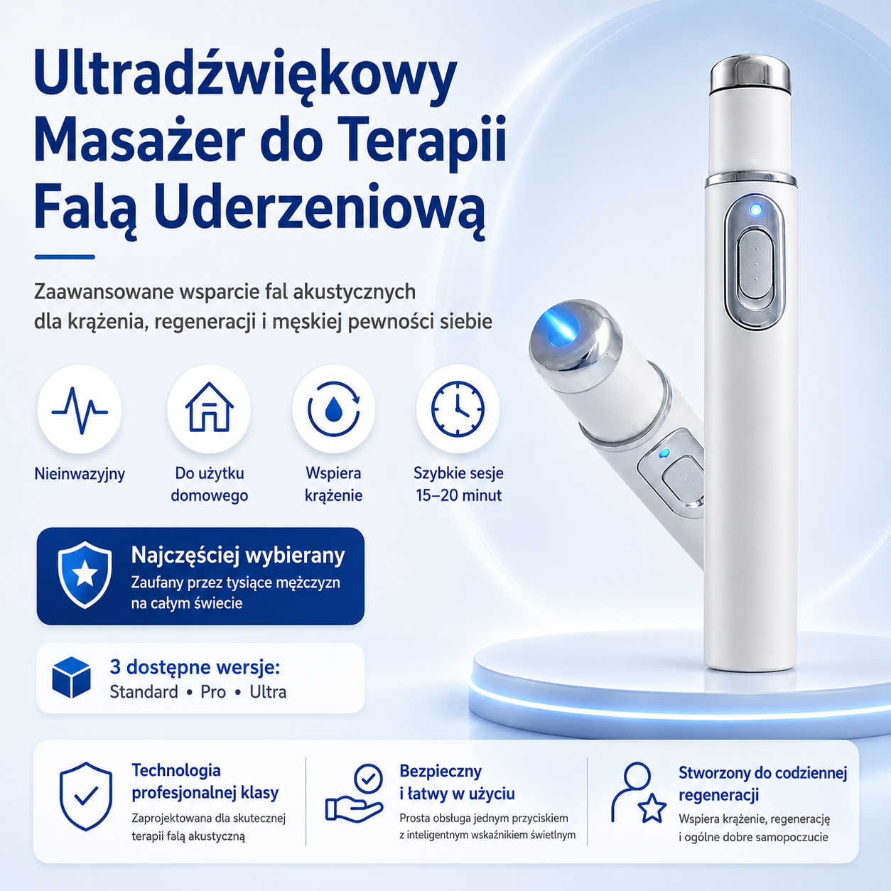 Zaawansowana terapia falą akustyczną wspiera zdrowie tkanek prącia, poprawia twardość erekcji, wytrzymałość oraz pewność siebie mężczyzn, jednocześnie pomagając łagodzić ból mięśni, sztywność stawów i dolegliwości ścięgien.
