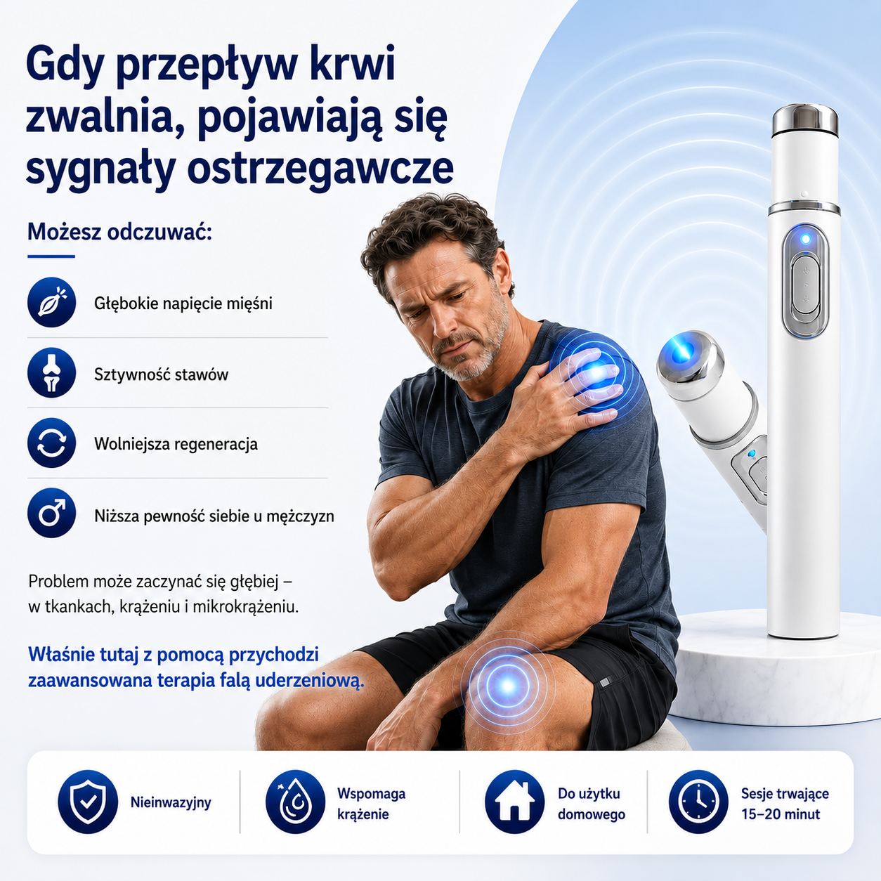 Zaawansowana terapia falą akustyczną wspiera zdrowie tkanek prącia, poprawia twardość erekcji, wytrzymałość oraz pewność siebie mężczyzn, jednocześnie pomagając łagodzić ból mięśni, sztywność stawów i dolegliwości ścięgien.