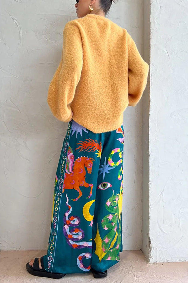 Weite Leinenmix-Hose mit Print, elastischem Bund und Taschen
