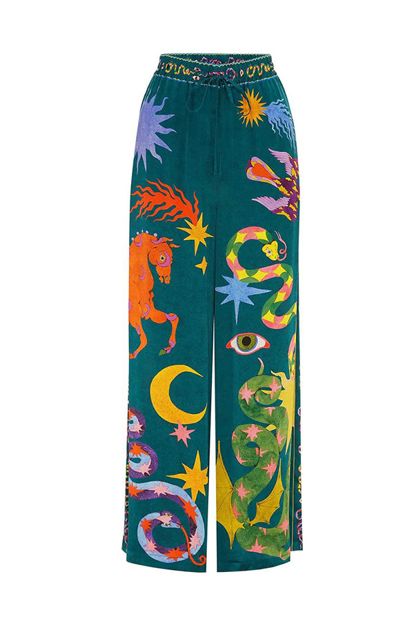 Weite Leinenmix-Hose mit Print, elastischem Bund und Taschen